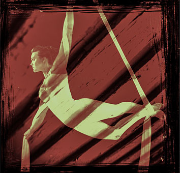 Multiexposure with female acrobat and scratched edges