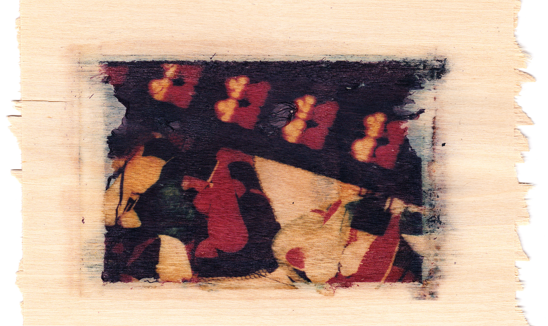 Polaroid transfer on birch wood of teddy bears in a carnival stand