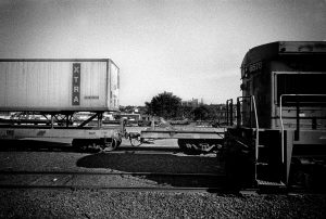 Photo taken through the train window in USA black and white landscape