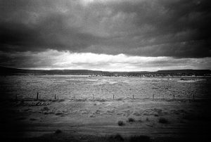 Photo taken through the train window in USA black and white landscape