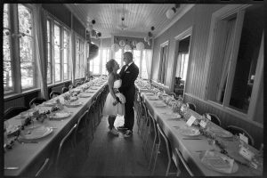 black and white wedding picture outside Wedding Norrköping, Sweden