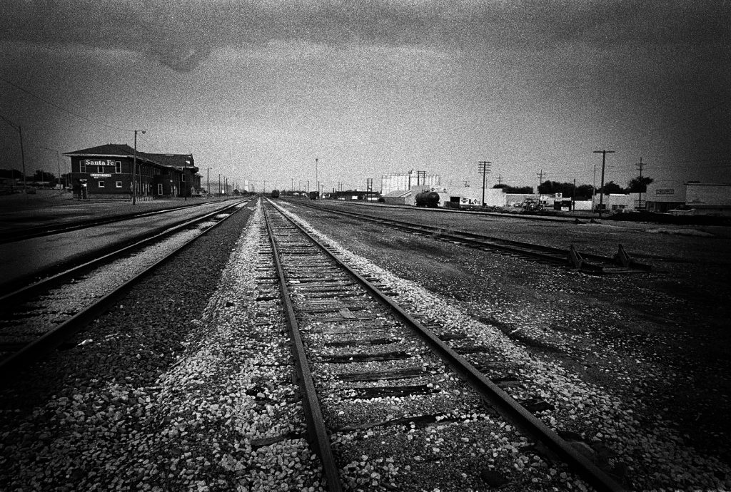 Black and white image of a train a train ride in the USA