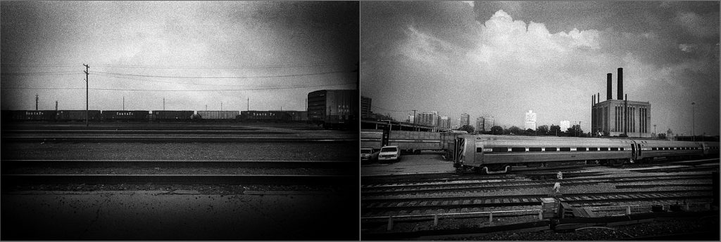 Black and white image of a train a train ride in the USA